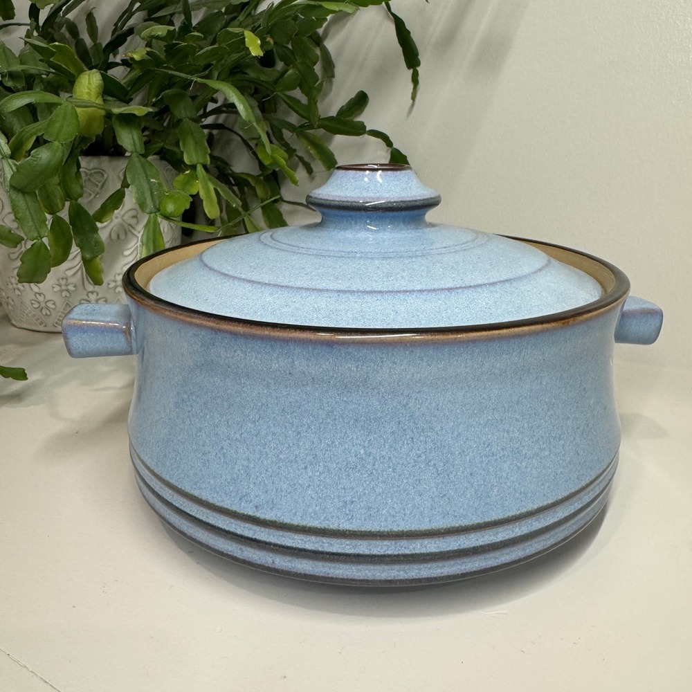 Denby-Langley Corfu Blue Stoneware Round Casserole Dish with Lid Made in England
